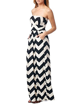 Sleeveless Chevron Maxi Dress - Long Hemline / Straight Cut Bust / Fitted Waistline